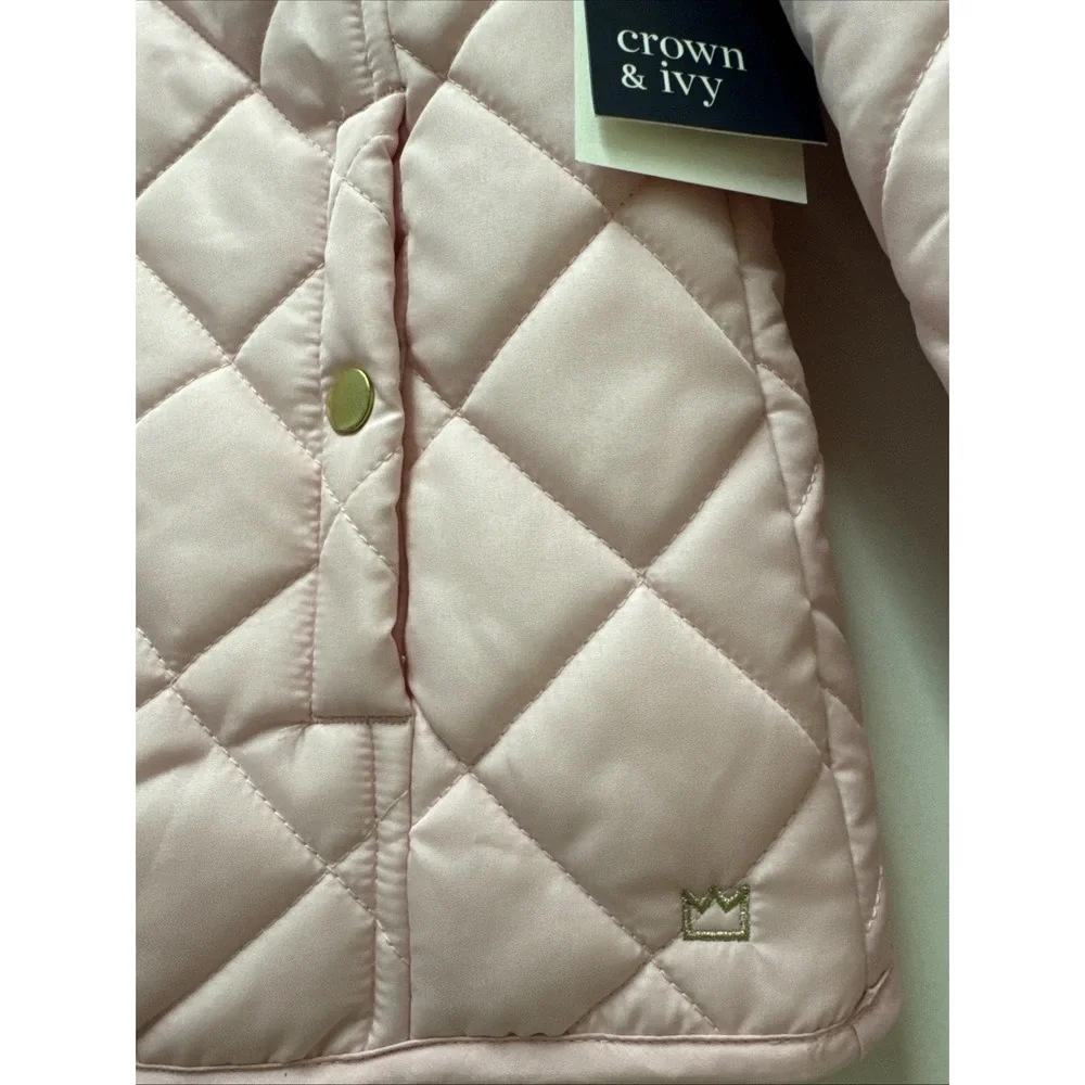 Crown & Ivy Kids Meadow Pink Quilted Ruffle Zip‎ Jacket Mock Neck Large NEW